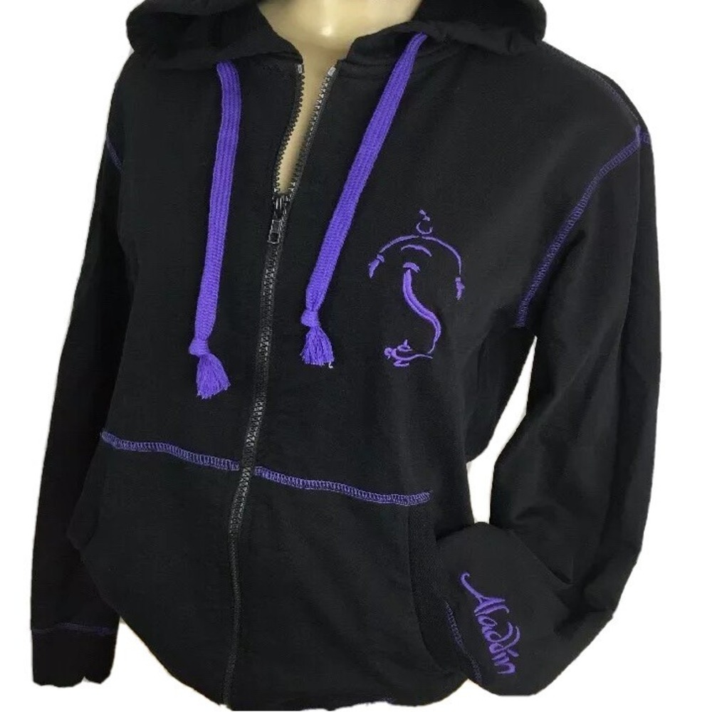 Disney‎ Aladdin Genie Full Zip Hoodie Womens XS Black Purple Embroidered Fleece